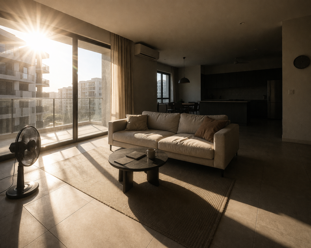 Apartment interior with excessive sunlight and poor natural lighting distribution