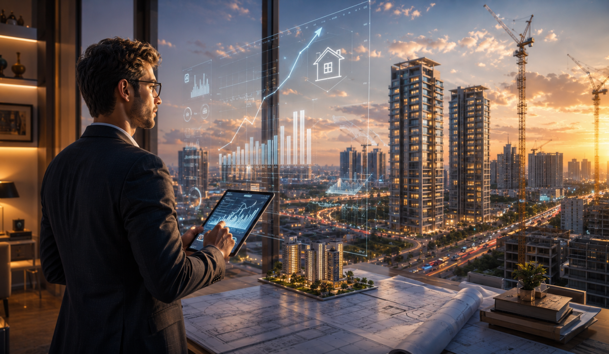Ultra-realistic cinematic blog banner showing a confident Australian businessman in a luxury high-rise office overlooking a modern metropolitan skyline filled with residential towers, commercial buildings, and construction cranes during golden hour. The man analyzes financial data on a tablet while holographic graphs, investment charts, and architectural blueprints float around the scene. Warm sunlight reflects through the glass windows, creating a premium futuristic atmosphere with deep navy, gold, and neutral tones.