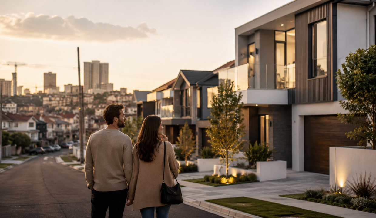 Young professional couple walking through a modern suburban neighborhood at golden hour, exploring contemporary homes and reflecting on new build property investment opportunities in a calm, realistic housing market setting.