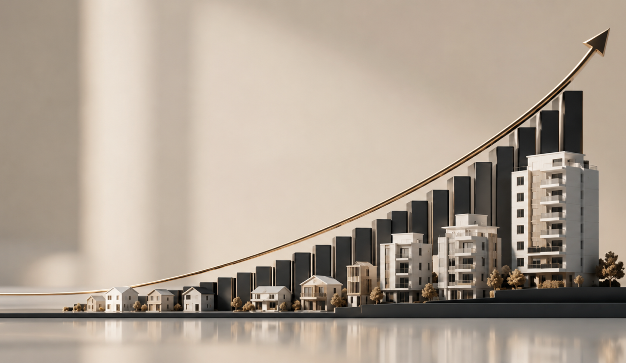 Minimal cinematic investment growth visual for Zammit Real Estate featuring a smooth upward property investment graph integrated with modern residential and commercial building silhouettes. Clean luxury editorial aesthetic with muted beige, black, white, and gray tones, soft natural lighting, minimal architecture, and calm financial growth atmosphere symbolizing strategic long-term real estate investment and portfolio growth.
