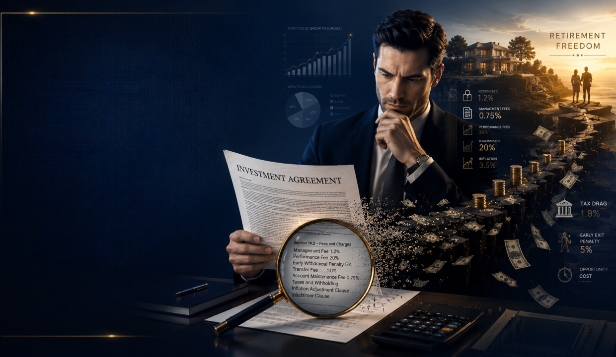 Professional investor reviewing an investment agreement while hidden fees, taxes, and fine print silently erode future wealth, symbolized by disappearing money and fractured financial growth.