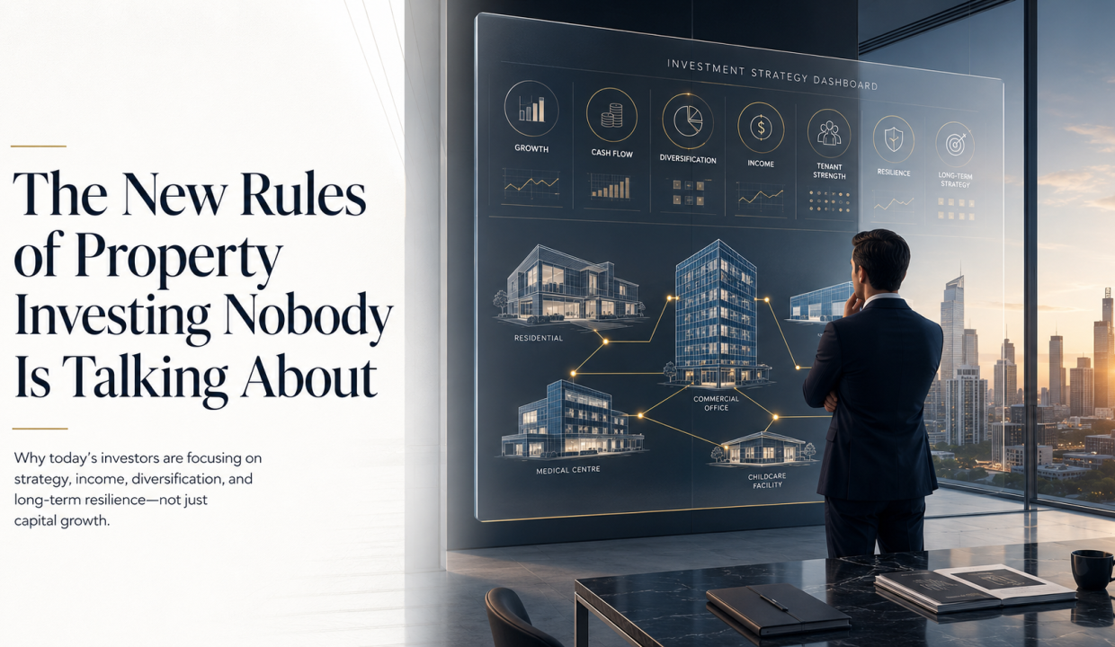 A premium editorial-style hero image for a real estate investment article. On the left, a clean white layout features the headline, “The New Rules of Property Investing Nobody Is Talking About,” with a smaller subtitle explaining that modern investors prioritize strategy, income, diversification, and long-term resilience over capital growth alone. On the right, a professionally dressed investor stands in a sleek glass boardroom overlooking a contemporary Australian city skyline at sunrise. In front of them, a transparent digital strategy dashboard displays balanced investment metrics, including Growth, Cash Flow, Diversification, Income, Tenant Strength, Resilience, and Long-Term Strategy. Semi-transparent architectural models of a residential home, commercial office tower, industrial warehouse, medical centre, and childcare facility are connected by subtle glowing lines, representing a diversified property portfolio. The design uses a refined palette of white, navy, charcoal, and gold accents with minimalist financial graphics, soft natural light, and a sophisticated business publication aesthetic.