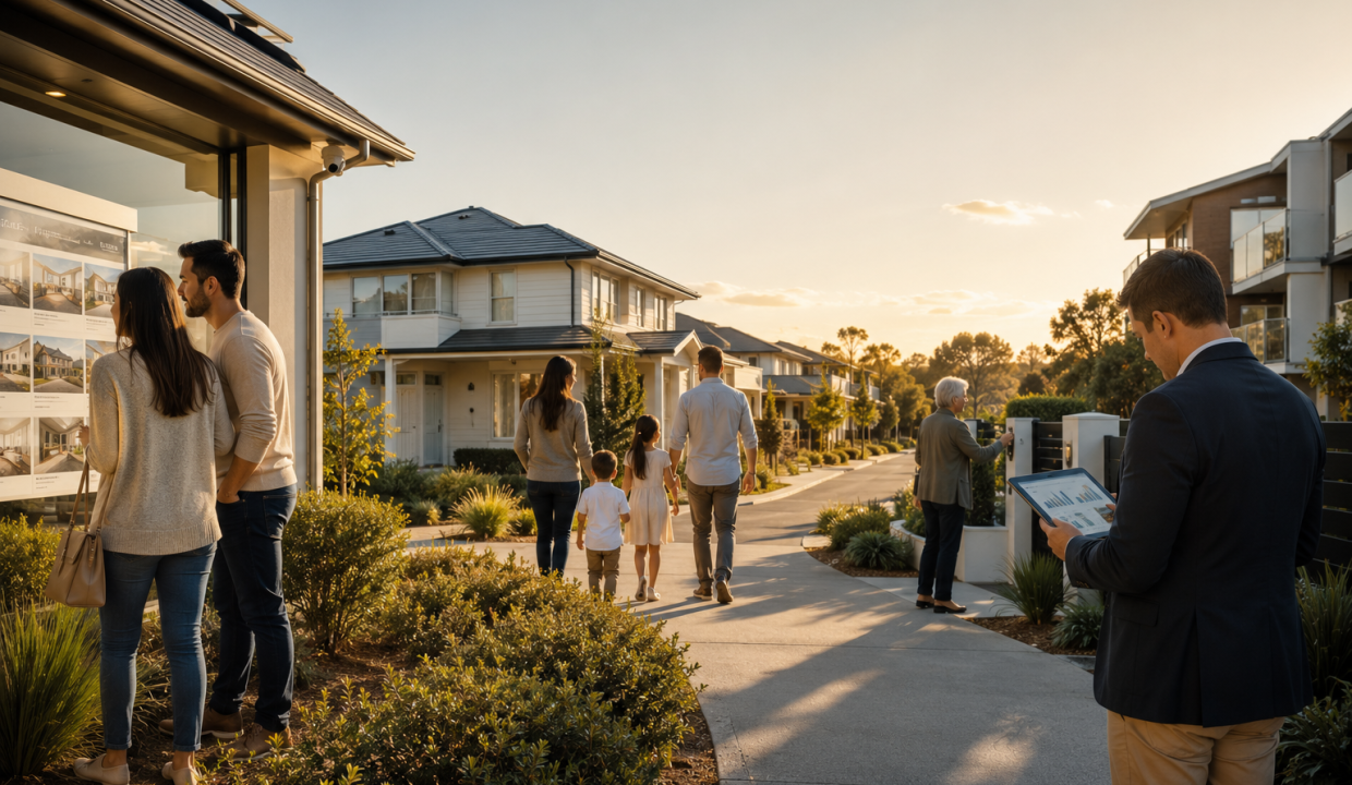 Different groups of Australian property buyers exploring homes across suburbs, townhouses and apartments, representing Australia's increasingly segmented housing market.