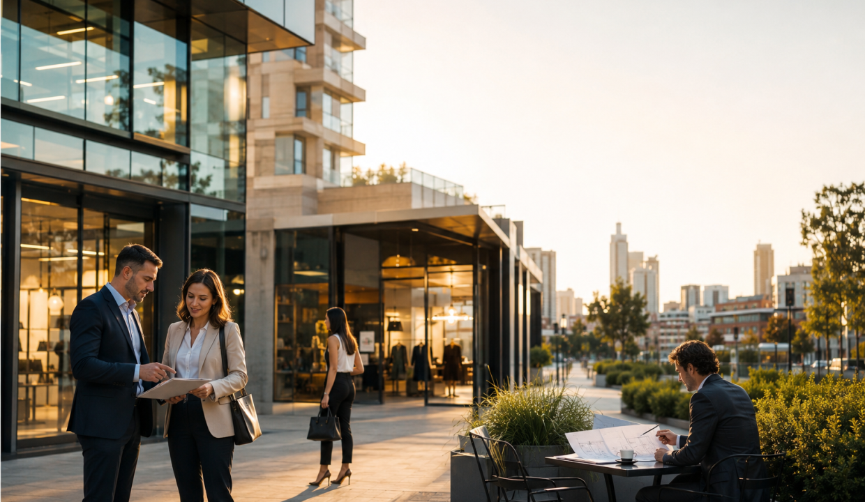 Premium editorial lifestyle photography for a commercial real estate market insights blog. A sophisticated Australian city business district during golden hour, where modern office towers, mixed-use developments, premium retail spaces, industrial warehouses in the distance, and bustling commercial streets create a layered view of Australia's evolving commercial property market. In the foreground, a commercial real estate agent is discussing plans with a business owner outside a contemporary office building, while another entrepreneur tours a modern retail space and an investor studies architectural plans over coffee at an outdoor café. The scene should subtly communicate growing confidence in commercial property without feeling crowded or overly corporate. The composition should feel authentic, candid, and documentary-style rather than staged. Showcase premium Australian commercial architecture with glass office buildings, boutique retail storefronts, business parks, and landscaped public spaces. Warm golden-hour sunlight creates cinematic highlights, reflections on glass façades, and long soft shadows. Ultra-photorealistic, magazine-cover quality, premium editorial advertising photography, shallow depth of field, crisp architectural details, luxury commercial branding aesthetic, natural human interactions, and generous negative space in the upper-right corner for blog title overlay. Avoid graphs, charts, arrows, construction sites, cranes, exaggerated business symbolism, handshake close-ups, dollar signs, text overlays, logos, billboards, or watermarks. The overall mood should communicate the quiet, steady rise of Australia's commercial property market through confidence, opportunity, and modern urban growth.