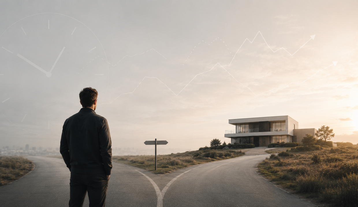 A prospective property buyer stands at a crossroads, looking toward a modern Australian home as a large clock and subtle market indicators symbolise uncertainty and the passage of time.