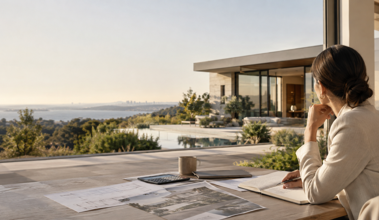 Experienced property investor reviewing plans and financial notes while evaluating a modern luxury home.