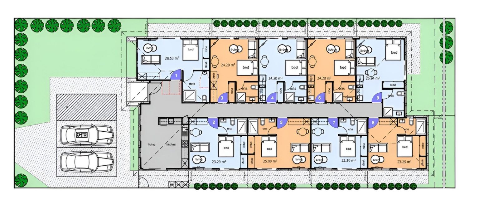 Deer Park rooming house floor plan with nine rooms, each with an ensuite, a shared living and kitchen area and two car spaces