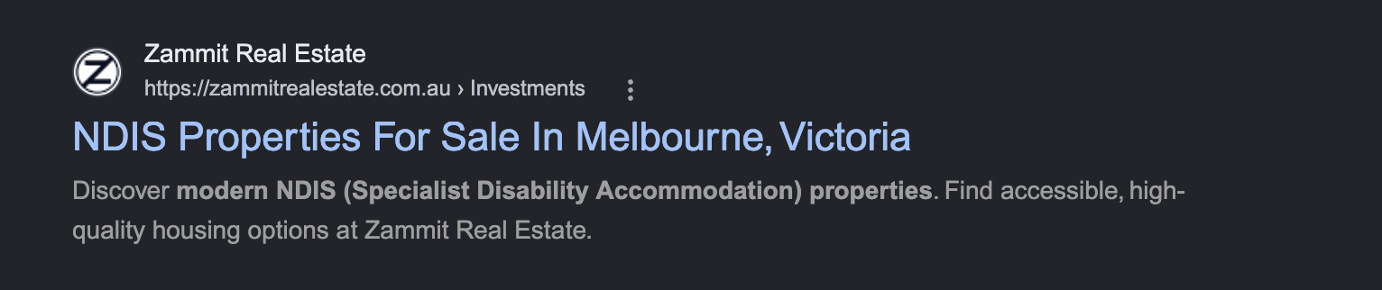 Zammit Real Estate in a Google search result: NDIS Properties For Sale In Melbourne, Victoria